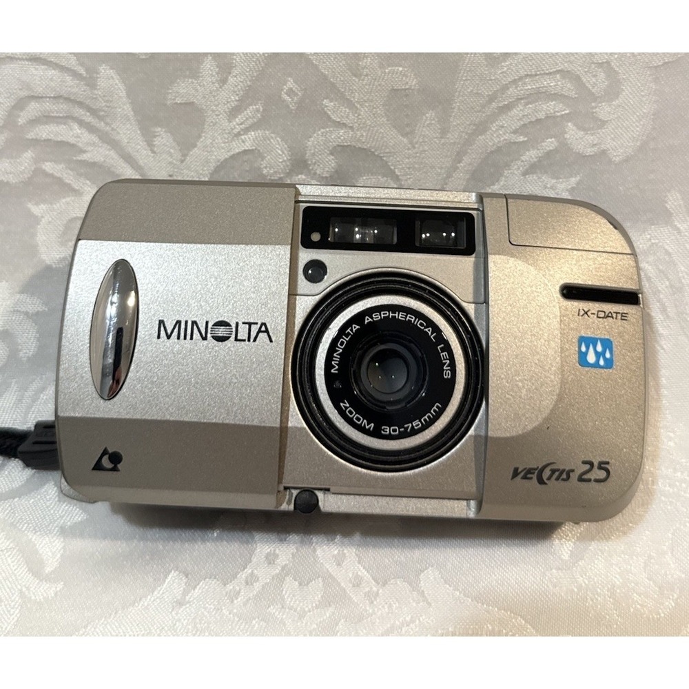 Minolta Vectis 25 IX-DATE APS Film Camera Silver Black 30-75mm‎ Zoom Not Tested